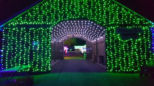 A brightly lit archway adorned with green and white lights, leading into a festive, illuminated pathway.