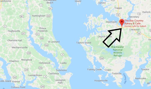 Map showing the location of The Bay Country Bakery & Café, marked with an arrow, near Blackwater National Wildlife Refuge.