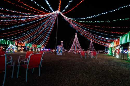Colorful Christmas lights illuminate a festive outdoor display, with decorated trees and chairs in a nighttime setting.