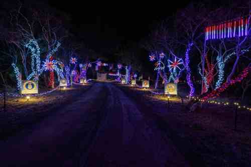 A dark pathway lined with colorful holiday lights and decorations, creating a festive atmosphere.
