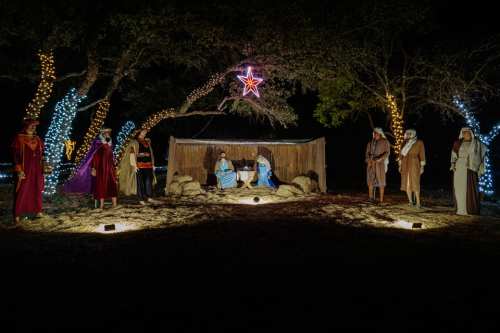 Nativity scene at night with figures around a stable, illuminated by lights and a large star above.