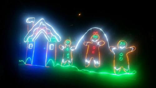 Colorful holiday lights depicting a gingerbread house and three gingerbread figures against a dark background.