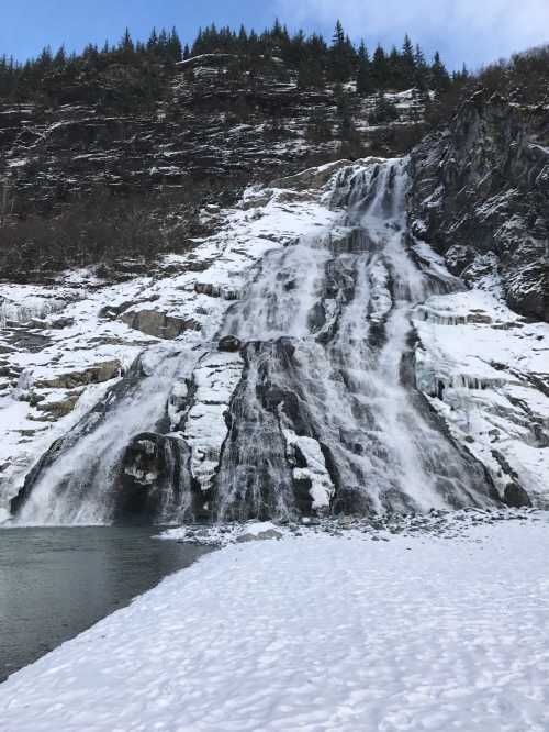 A snowy waterfall cascading down rocky cliffs into a frozen pool, surrounded by evergreen trees.