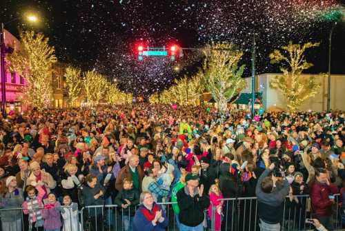 A large crowd gathers at night, celebrating with festive lights and snow-like confetti falling from above.