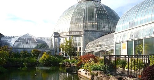 A botanical garden featuring large glass domes and a serene pond surrounded by lush greenery.