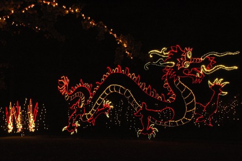 A vibrant dragon made of lights, glowing against a dark background, surrounded by colorful light displays.