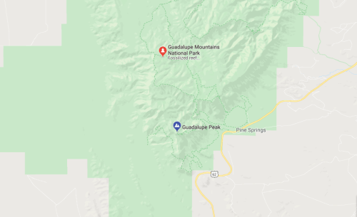 Map showing Guadalupe Mountains National Park and Guadalupe Peak, with Pine Springs nearby.