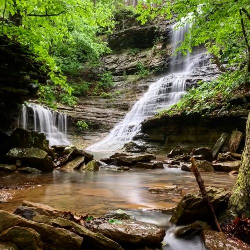 A serene waterfall cascades over rocky cliffs into a tranquil stream, surrounded by lush green foliage.