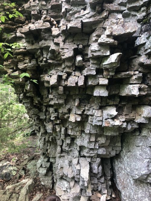 A close-up of a rocky cliff face with layered, jagged stone formations and some greenery in the background.