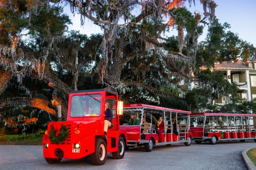 A festive red tram decorated for the holidays drives under a tree adorned with sparkling lights.