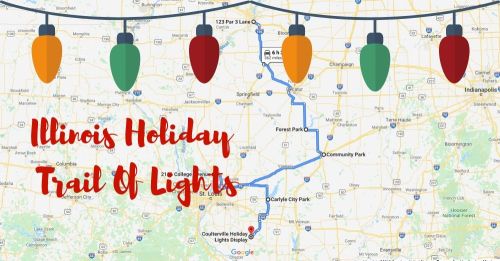 Map of the Illinois Holiday Trail of Lights, featuring a route and festive holiday lights design.