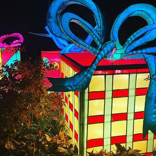 Colorful illuminated gift boxes with large bows, surrounded by vibrant foliage at night.
