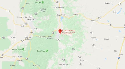 Map showing the location of Angel Fire Resort in New Mexico, featuring nearby roads and landmarks.
