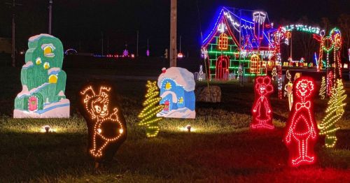 Colorful holiday lights decorate a house and festive figures, including a reindeer and cheerful characters, in a nighttime scene.