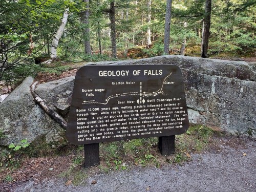 Sign detailing the geology of falls, including information about glaciers and river flow in a forested area.