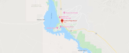 Map showing the location of London Bridge Resort near Lake Havasu City, Arizona, with nearby attractions marked.