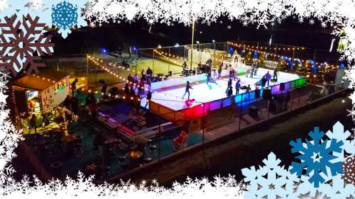 A vibrant outdoor ice skating rink decorated with colorful lights and surrounded by festive snowflakes.