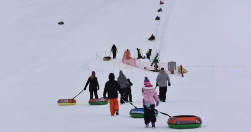 People walking up a snowy hill, pulling colorful snow tubes behind them, with others sliding down the slope.