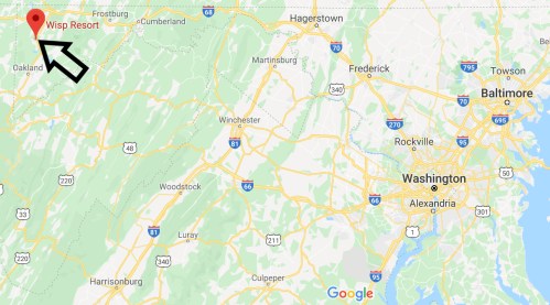 Map showing the location of Wisp Resort in Maryland, near Oakland, with major highways and nearby cities labeled.
