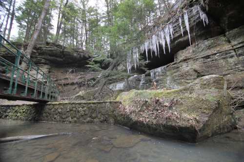 A serene landscape featuring a rocky cliff with icicles, surrounded by trees and a calm water stream below.