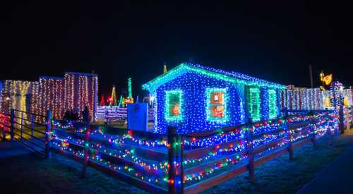 A brightly lit blue house surrounded by colorful holiday lights at night, with festive decorations on nearby fences.