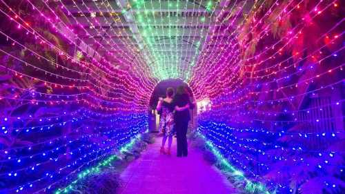 A colorful tunnel of lights with two people walking together, surrounded by vibrant purple and green hues.