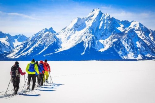 A group of people snowshoeing across a snowy landscape with majestic mountains in the background under a clear blue sky.
