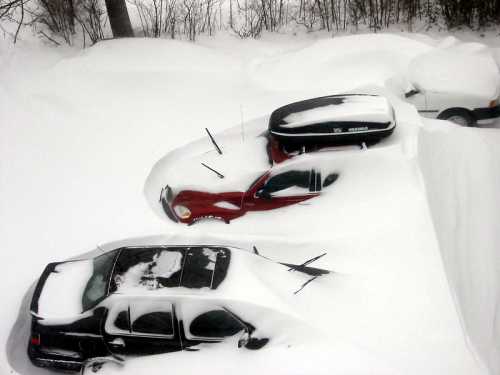 Several cars are buried in deep snow, with only their roofs and antennas visible above the white drifts.