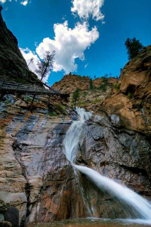 A cascading waterfall flows down rocky cliffs under a bright blue sky with scattered clouds.