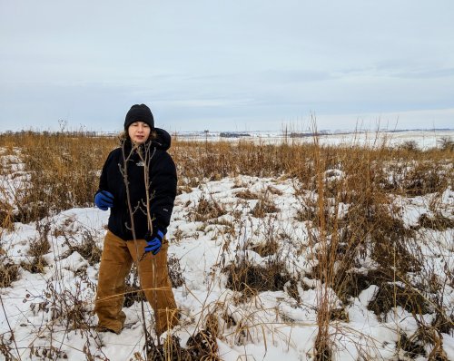 A person in winter clothing stands in a snowy field, holding a stick amidst tall grass and sparse vegetation.