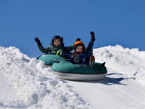 Two children joyfully sledding down a snowy hill on inflatable tubes, waving their hands in excitement against a clear blue sky.
