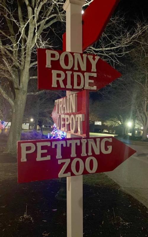 A signpost at night with arrows pointing to "Pony Ride," "Train Depot," and "Petting Zoo."