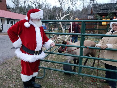 Santa Claus in a red suit stands by a fence, next to a reindeer, while a woman in a beige coat looks on.