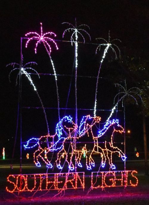 Colorful holiday lights display featuring horses and palm trees with the text "Southern Lights" at the bottom.
