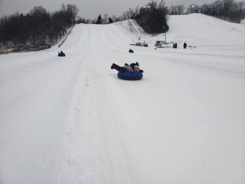 A snowy hill with several people tubing down, enjoying a winter day. Trees line the background.