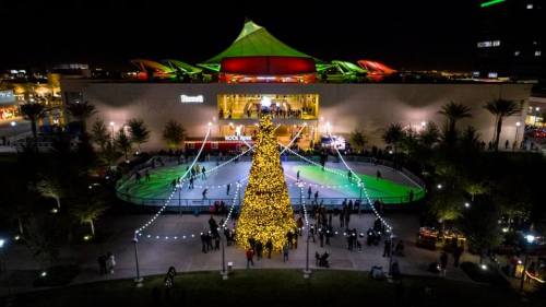 A festive outdoor scene at night featuring a large lit Christmas tree and people enjoying the holiday atmosphere.