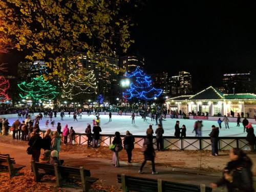 A bustling ice skating rink at night, surrounded by colorful trees and city lights, with people enjoying the winter scene.