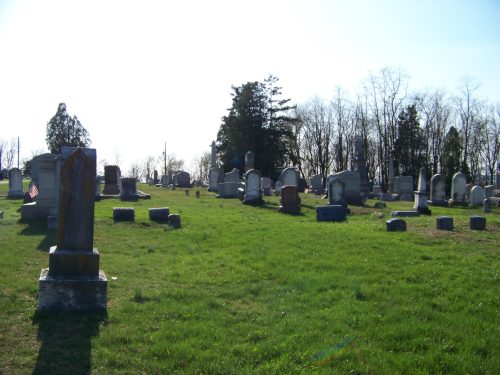 A peaceful cemetery with various gravestones set in a grassy area, surrounded by trees under a clear sky.