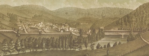 A vintage landscape depicting a town by a river, surrounded by hills and trees, with a bridge crossing the water.