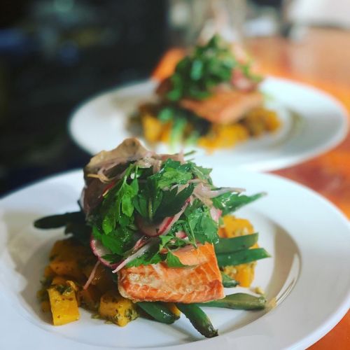 A plated dish featuring salmon on a bed of vegetables, topped with fresh herbs and greens.