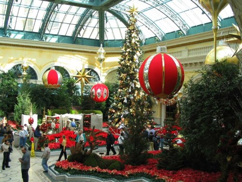 A festive indoor scene featuring a large Christmas tree, oversized ornaments, and vibrant poinsettias.