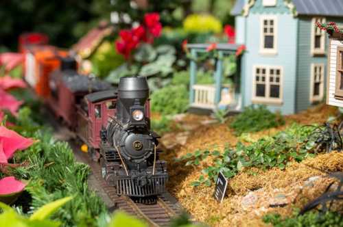 A miniature steam train travels through a lush garden scene with colorful flowers and a small blue house.