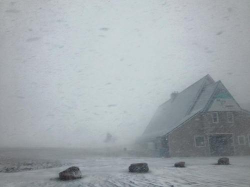 A snowstorm obscures a building, with heavy snowfall and limited visibility in a winter landscape.
