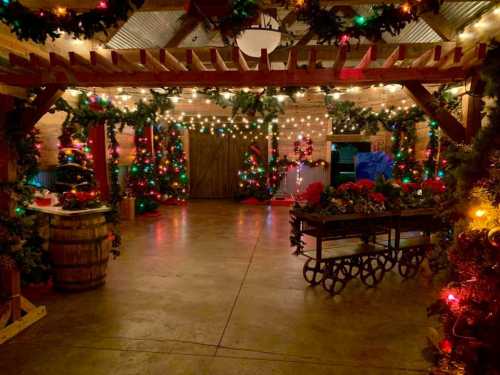 A festive indoor space decorated with Christmas lights, greenery, and colorful ornaments, creating a warm holiday atmosphere.