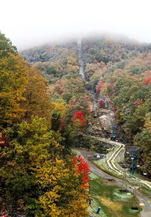 A scenic view of a mountain with colorful autumn foliage and a ski lift disappearing into the fog.