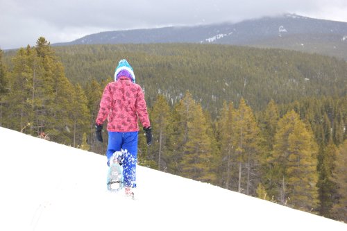 A person in a colorful jacket walks through snow, surrounded by evergreen trees and mountains in the background.