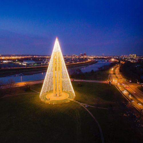 A tall, illuminated Christmas tree stands in a park by a river, with city lights twinkling in the background at dusk.