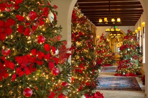 A festive hallway lined with beautifully decorated Christmas trees adorned with red flowers and twinkling lights.