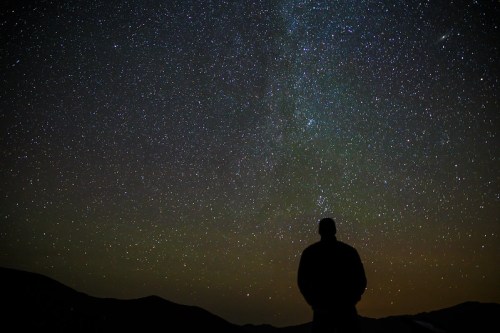 Silhouette of a person gazing at a starry night sky filled with countless stars and a hint of the Milky Way.
