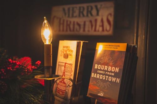 A warm holiday scene featuring a light bulb, brochures, and a "Merry Christmas" sign in the background.